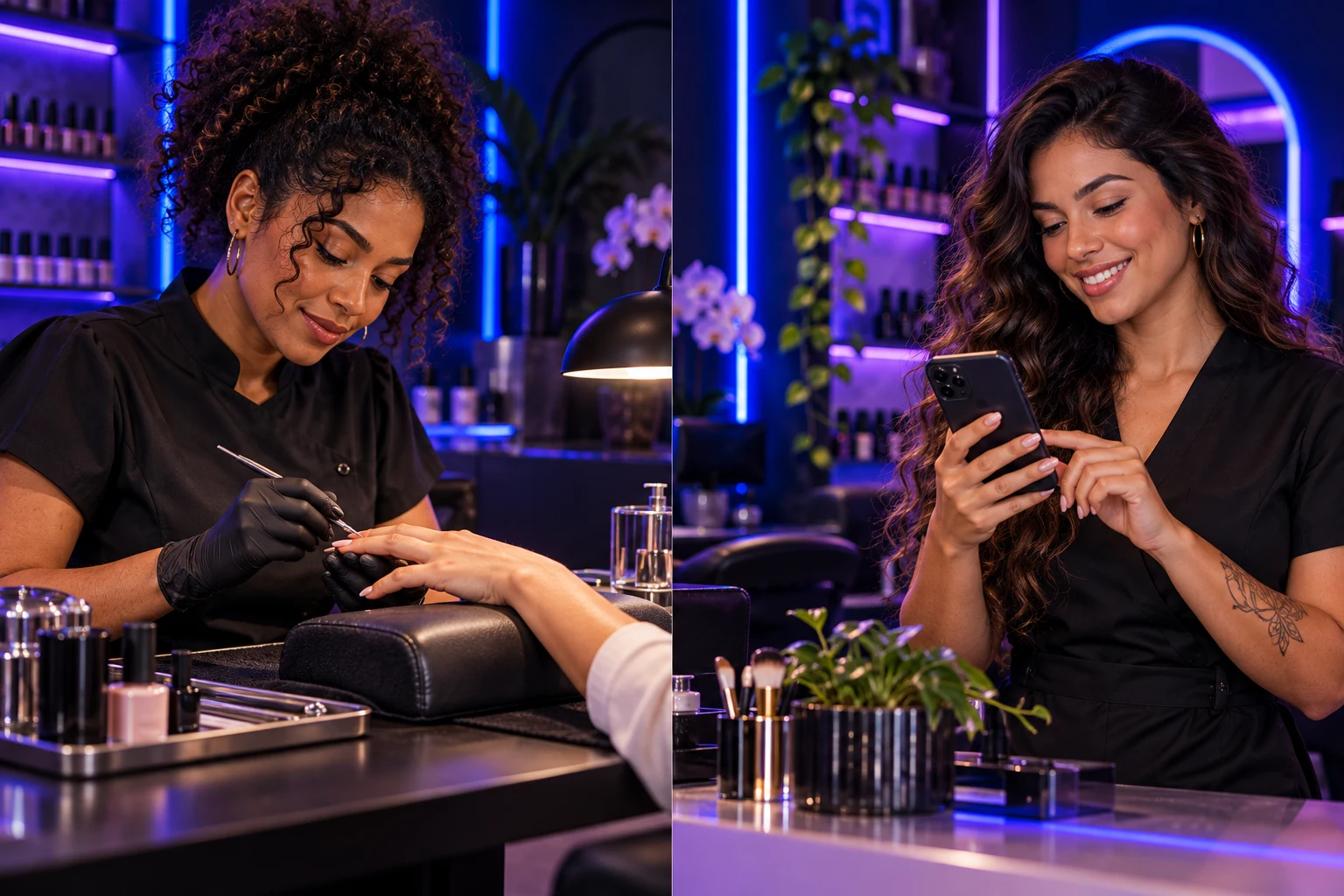 Cenas ilustrativas de profissionais de manicure em estúdio com iluminação neon azul e violeta